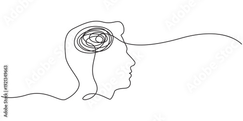Human head with confusion of thoughts, Concept of confusion in the head. Continuous One line drawing. Problems stress illness and depression concept. Editable line. Hand drawn one line vector, pro