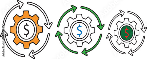 Interconnected gears with currency symbols in a cycle