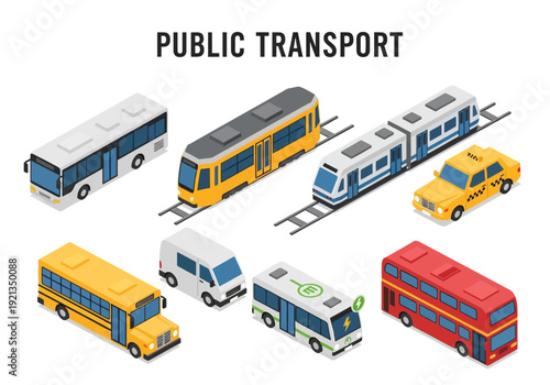 Collection of Various Public Transportation Vehicles Illustrated in Isometric View