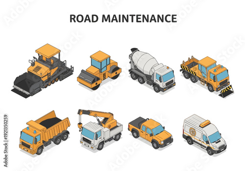 Collection of isometric construction and road maintenance vehicles for urban infrastructure development and repair services