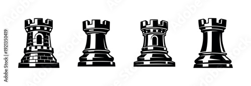 Chess rook icons set: vector symbols of strategy in black styles
