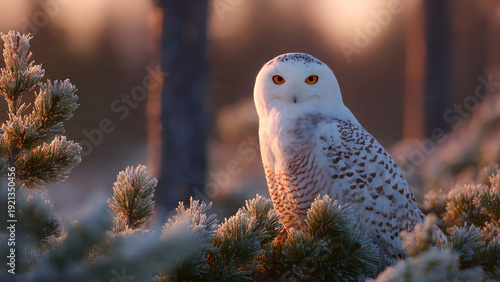 Snowy owl in frosty pine forest