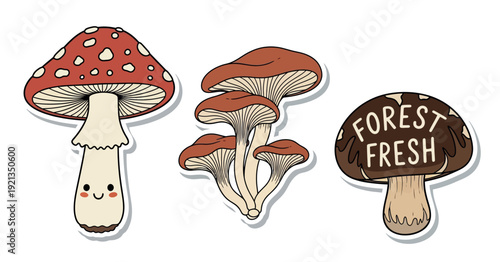 Cute Mushroom Sticker Set: Kawaii Amanita Muscaria, Forest Fresh Brown Cap, and Wild Fungi Cluster for Nature and Cottagecore Design Projects