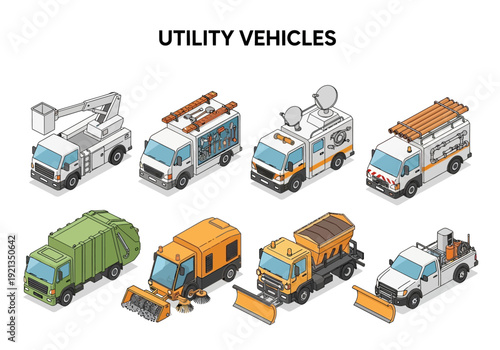 Collection of isometric utility and service vehicles for various urban and industrial applications