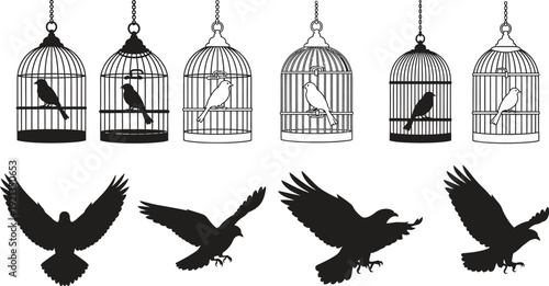 Birds in cages and flying free in black silhouette