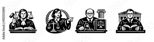 Justice system vector icons set. law symbols collection. courtroom elements and legal figures