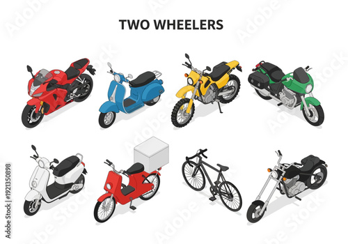 Collection of various types of two-wheeled vehicles displayed from different angles