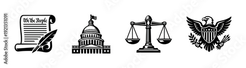 American symbols vector icons set: constitution, capitol, justice, eagle
