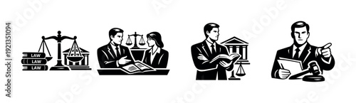 Law and justice vector icons set: legal, judiciary, court illustrations