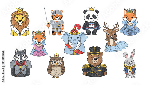 Enchanted Animal Royalty: A collection of charming animal characters, each adorned with regal attire and crowns, stand as symbols of whimsical royalty. Representing tales of fantasy and delight.