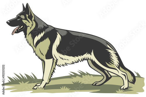 “German Shepherd Dog Illustration  Detailed Black and White Canine Vector Art”