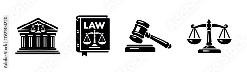 Legal vector icons set: justice, law symbols, court and scales