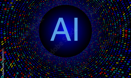 Artificial intelligence concept with AI text in blue circle and colorful binary code tunnel on black. Digital data flow, cyber space and machine learning 3D vector illustration background.