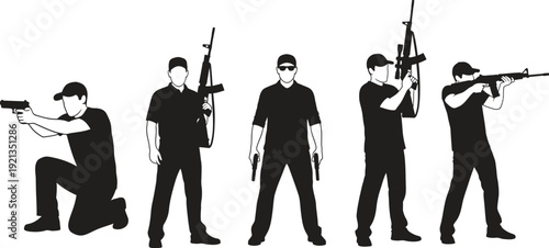 Silhouettes of men in various combat positions with firearms