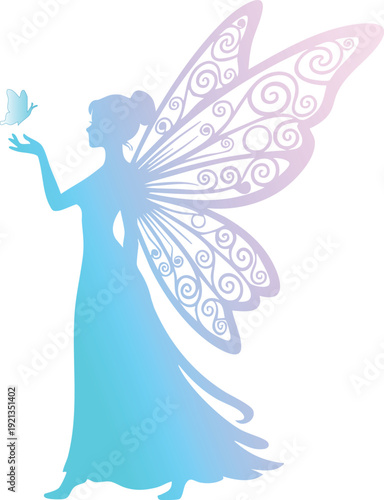 Elegant Fairy Silhouette with Ornate Butterfly Wings Gradient Vector Illustration