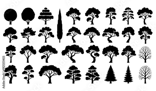 Minimal Black Tree Silhouette Collection with Varied Canopy and Trunk Designs Vector Isolated on White