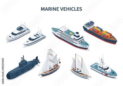 Collection of various marine vehicles including yachts, cruise ship, container ship, submarine, sailboat, and rescue boat
