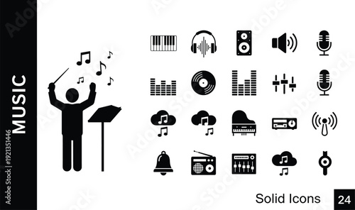Flat vector illustration of music icons, audio equipment, sound waves, instruments, broadcasting tools, headphones, microphone, vinyl record, digital music