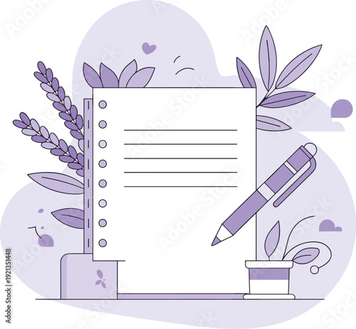 Blank paper sheet with rings, pen, lavender, and decorative plants