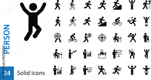 Flat vector illustration of person icons, human activities, walking, running, climbing, biking, working, shopping, presenting, celebrating, lifestyle design