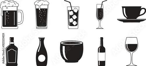 Variety of drinks in different glasses and bottles