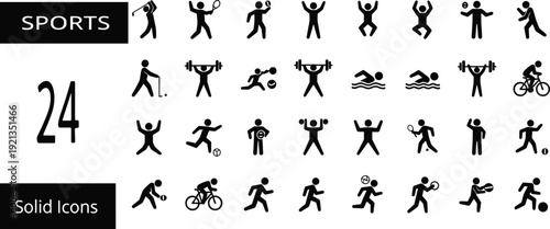 Flat vector illustration of sports icons, athletic activities, fitness silhouettes, physical training, competitive games, exercise, recreation, healthy lifestyle design