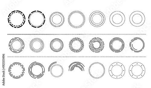Minimal Black Dashed and Dotted Circle Frames Vector Round Geometric Border Set