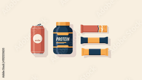 Flat vector illustration of sports nutrition supplements including protein powder, bars, and energy drink.