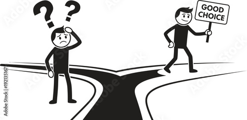 Confused man at crossroads with friend holding good choice sign