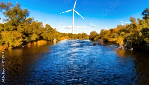 Wind turbine stands tall over river, trees, and blue sky.