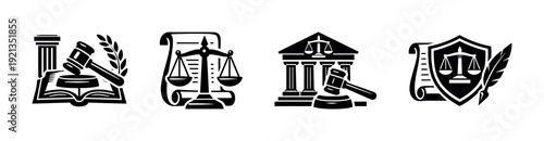 Legal symbols vector icons set. law-themed icons collection. justice, court symbols