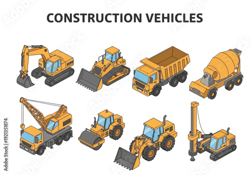 Collection of isometric construction vehicles including excavators, loaders, cranes, and cement mixers