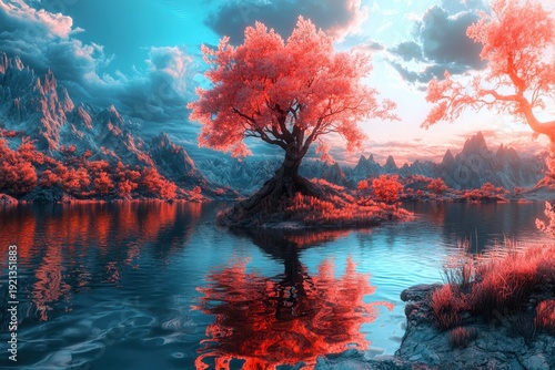 Vibrant red tree reflecting in still water against dramatic mountains at sunset