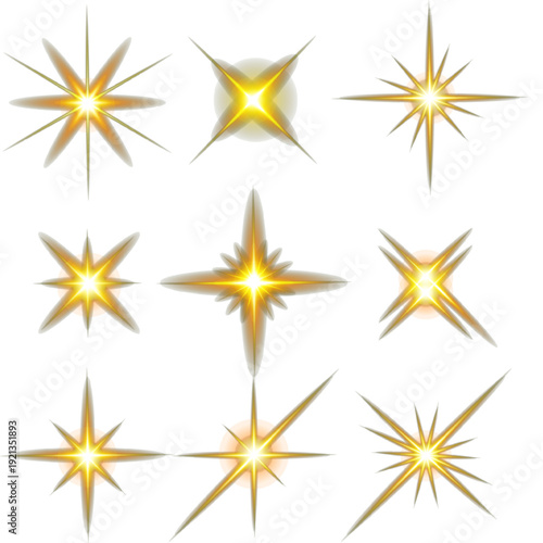 Collection of golden starbursts and sparkles on a white background
