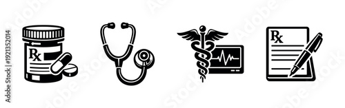 Medical healthcare vector icons set, prescription symbols, health illustration