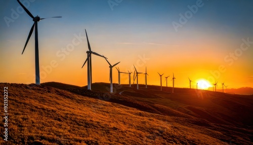 Wind Turbines Silhouetted Against a Vibrant Sunset Sky.