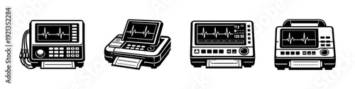 Medical equipment vector icons set with diagnostic machines and monitors