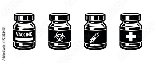 Medicine bottle vector icons set with vaccine and biohazard symbols collection