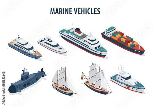 Collection of various marine vessels and watercraft depicted in a clean isometric illustration style