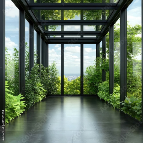 A modern glass-enclosed space surrounded by lush greenery, perfect for showcasing interior design, nature, or wellness themes, Ideal for real estate, decor, or lifestyle content creation,