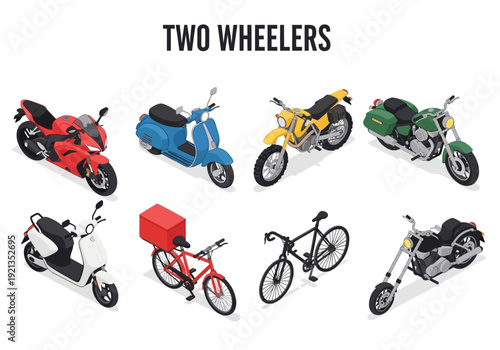 Collection of diverse two-wheeled vehicles including motorcycles, scooters, and bicycles