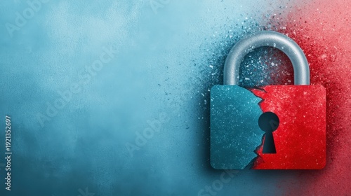 A broken padlock is depicted in vibrant colors, symbolizing security and vulnerability, This image can be used for topics related to cybersecurity, privacy issues