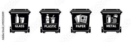 Recycling bin vector icons set for waste management: glass, plastic, paper, metal