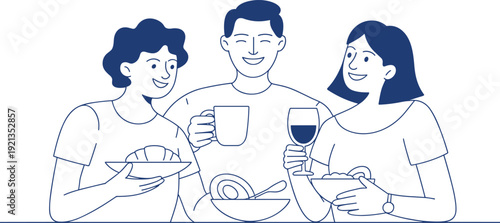 Group of friends enjoying meal together with coffee and wine in blue line art illustration
