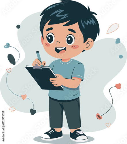 Happy boy in casual clothes writing on clipboard with colorful abstract shapes and hearts