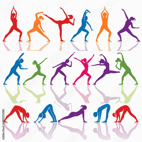 A group of colorful yoga poses in various positions Vector