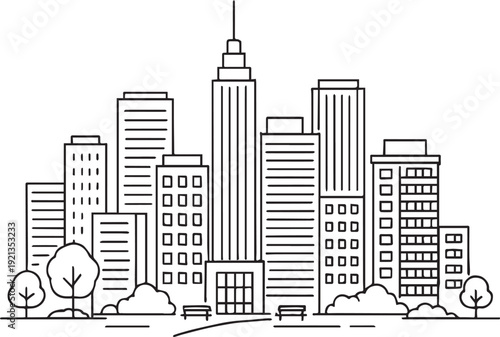 Minimalistic Urban Cityscape Vector Illustration with Skyscrapers and Park