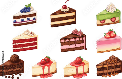 Delicious Dessert Vector Set Featuring Slices of Chocolate Cake, Red Velvet, Strawberry Cheesecake, and Blueberry Cream Cake for Bakery Menus and Sweet Shop Branding Designs