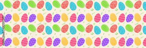 Seamless multicolor Easter egg pattern with bright pastel decorated eggs arranged in repeating rows on light background, minimal flat design for fabric, wallpaper, wrapping paper and spring holiday.