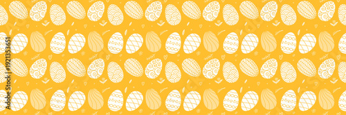 Seamless yellow Easter egg pattern with light decorative eggs arranged in repeating rows, minimal flat design for fabric, wallpaper, wrapping paper and spring holiday decor